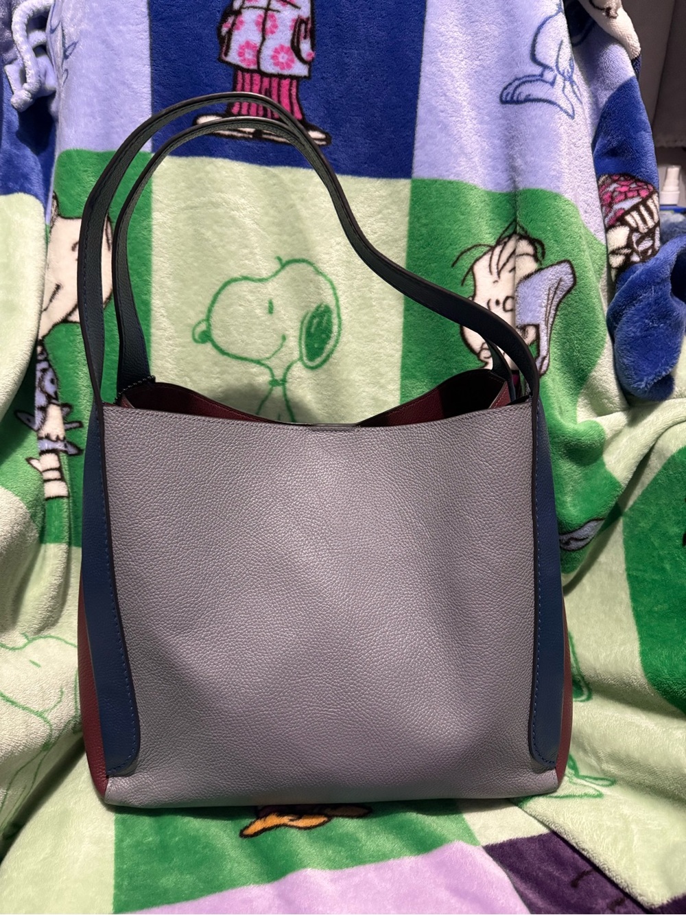 2020 Coach Hadley Hobo in gray, blue, and merlot colorblock pebbled leather - Picture 2 of 5